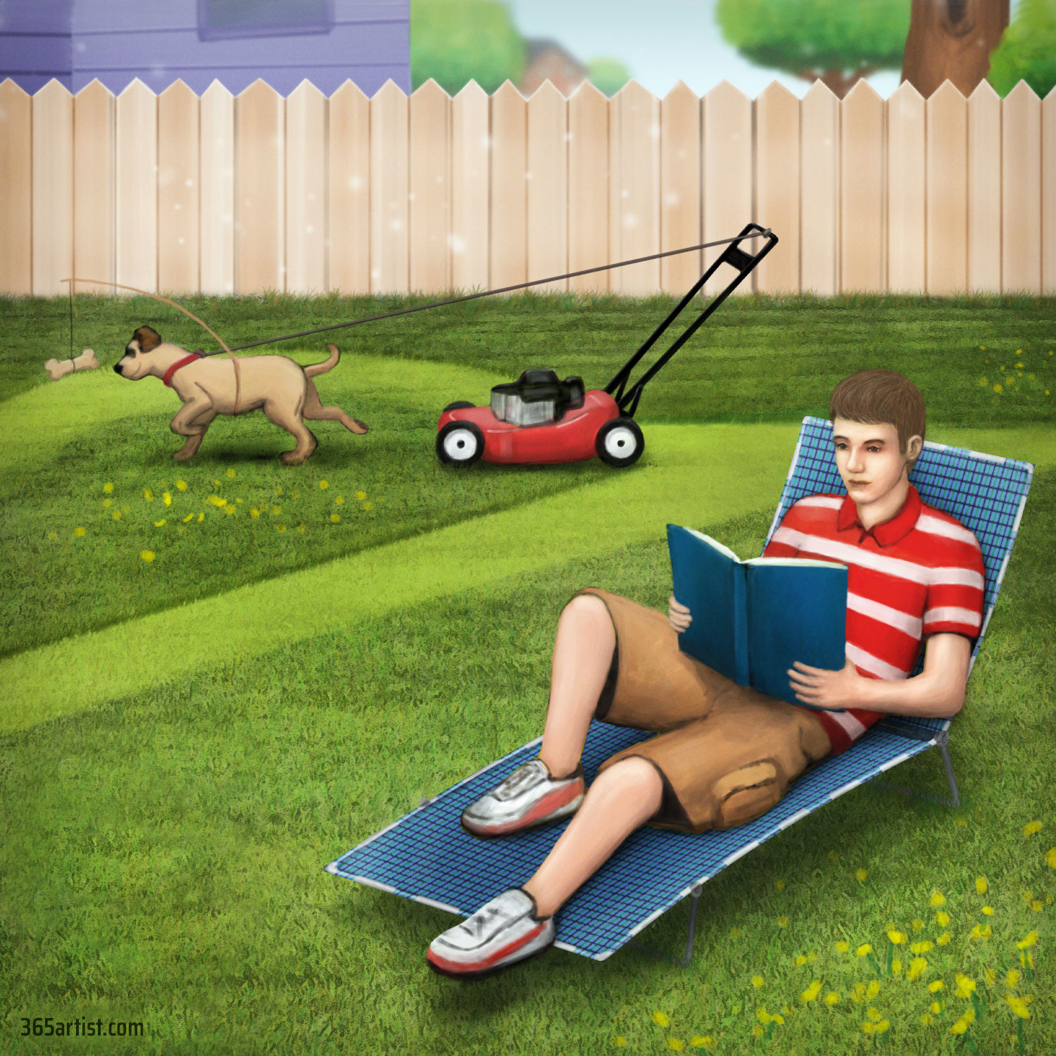 illustration of dog mowing the lawn