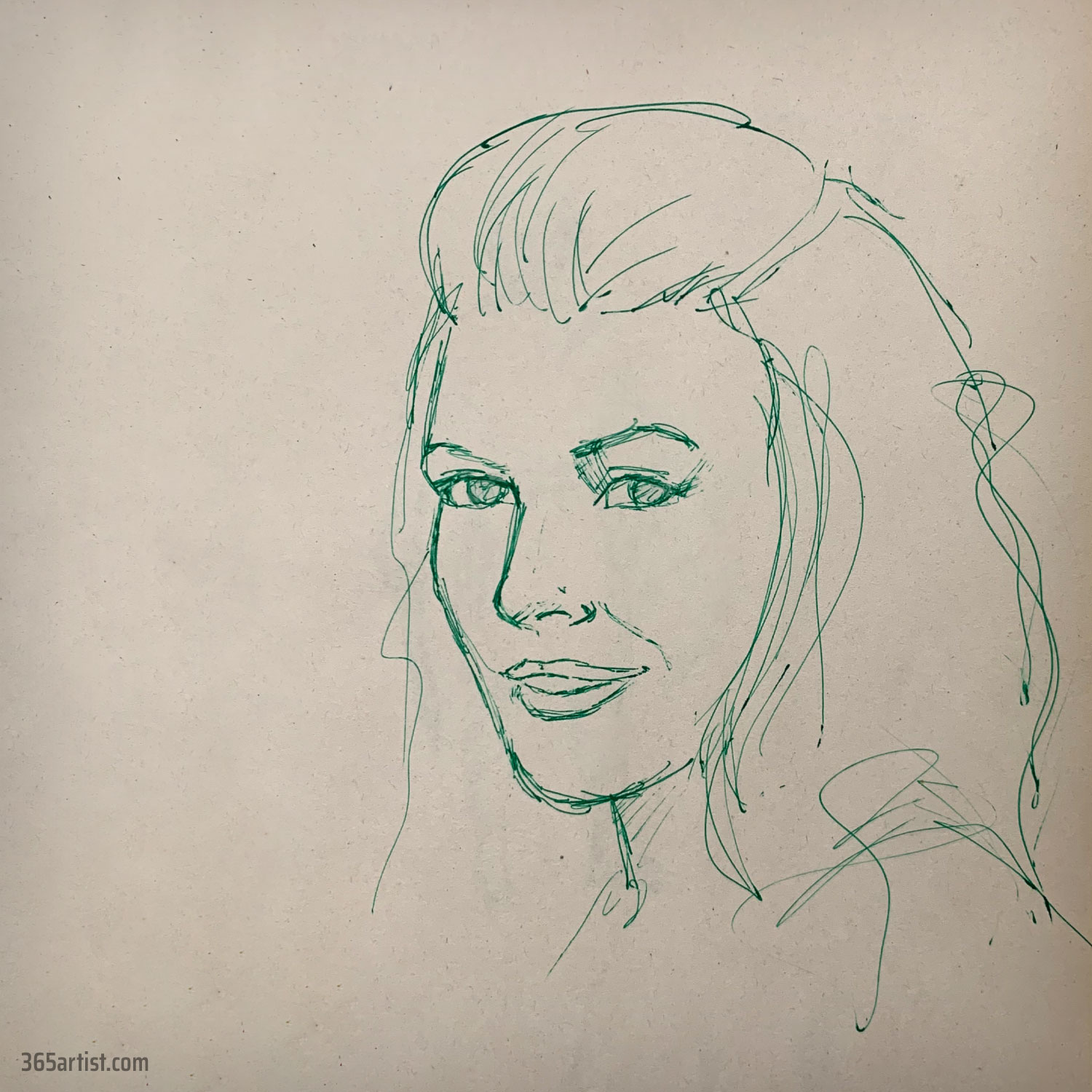 portrait drawing with green pen