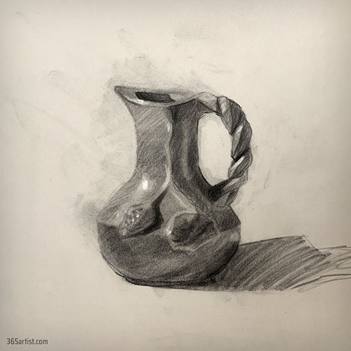 charcoal drawing of a water jug
